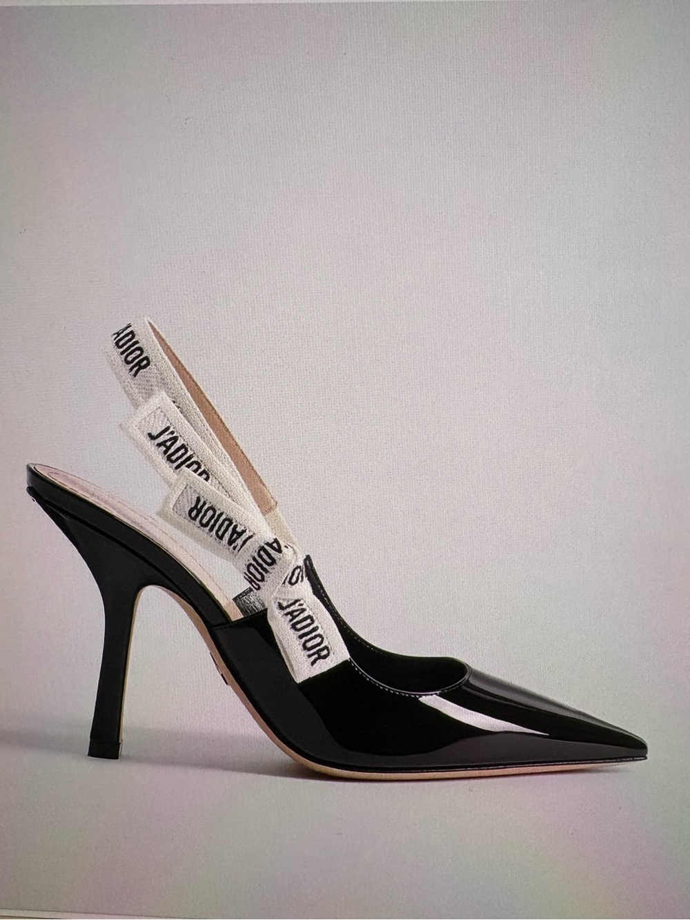 The J’ADior Black Patent Slingback Pump with White J'Adior Straps